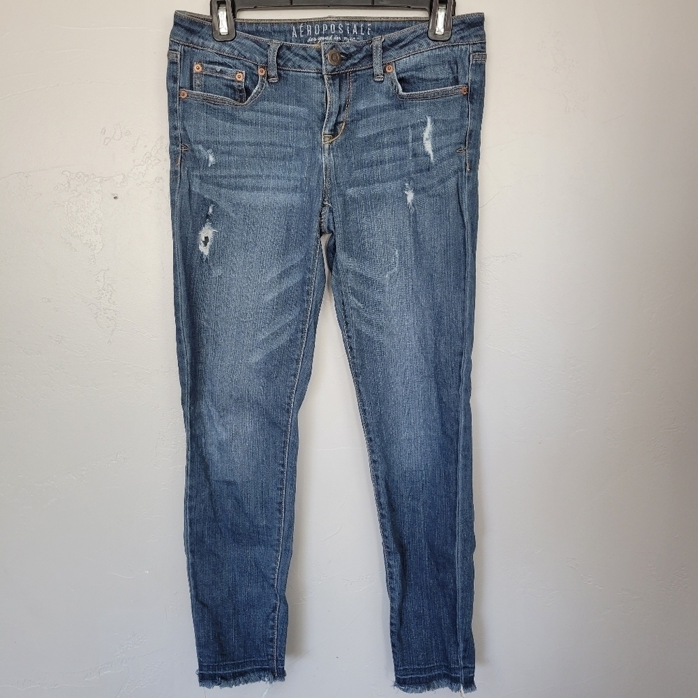 Aeropostale Ankle Jegging 6 Regular Medium Wash Denim Jeans Distressed Fray Hem